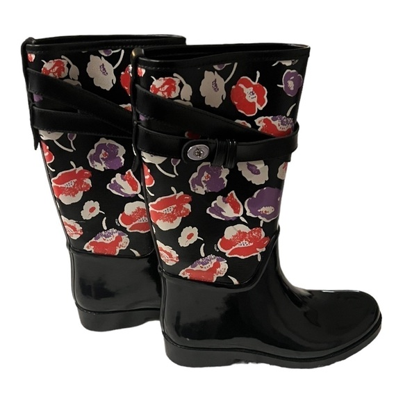 COACH Trisha II Black Floral Canvas Rubber Rain Boots 7B - Picture 1 of 9